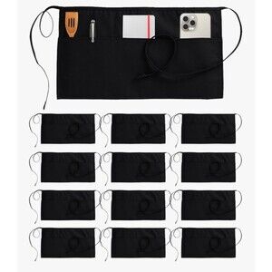 Waist Apron with 3 Pockets 12 Pack - Black Waitress Server Short Apron